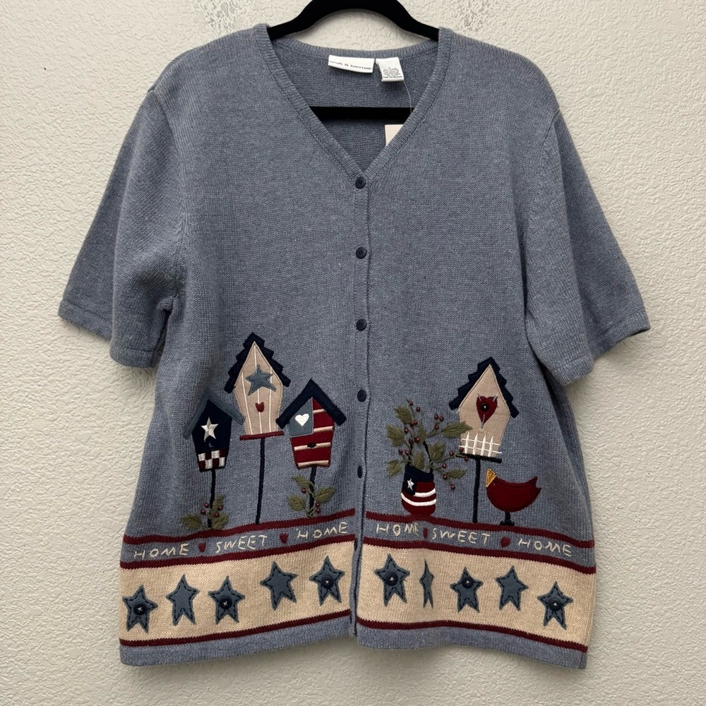 Croft & Barrow Short Sleeve Cardigan Birdhouse Home Sweet Home Patriotic Large